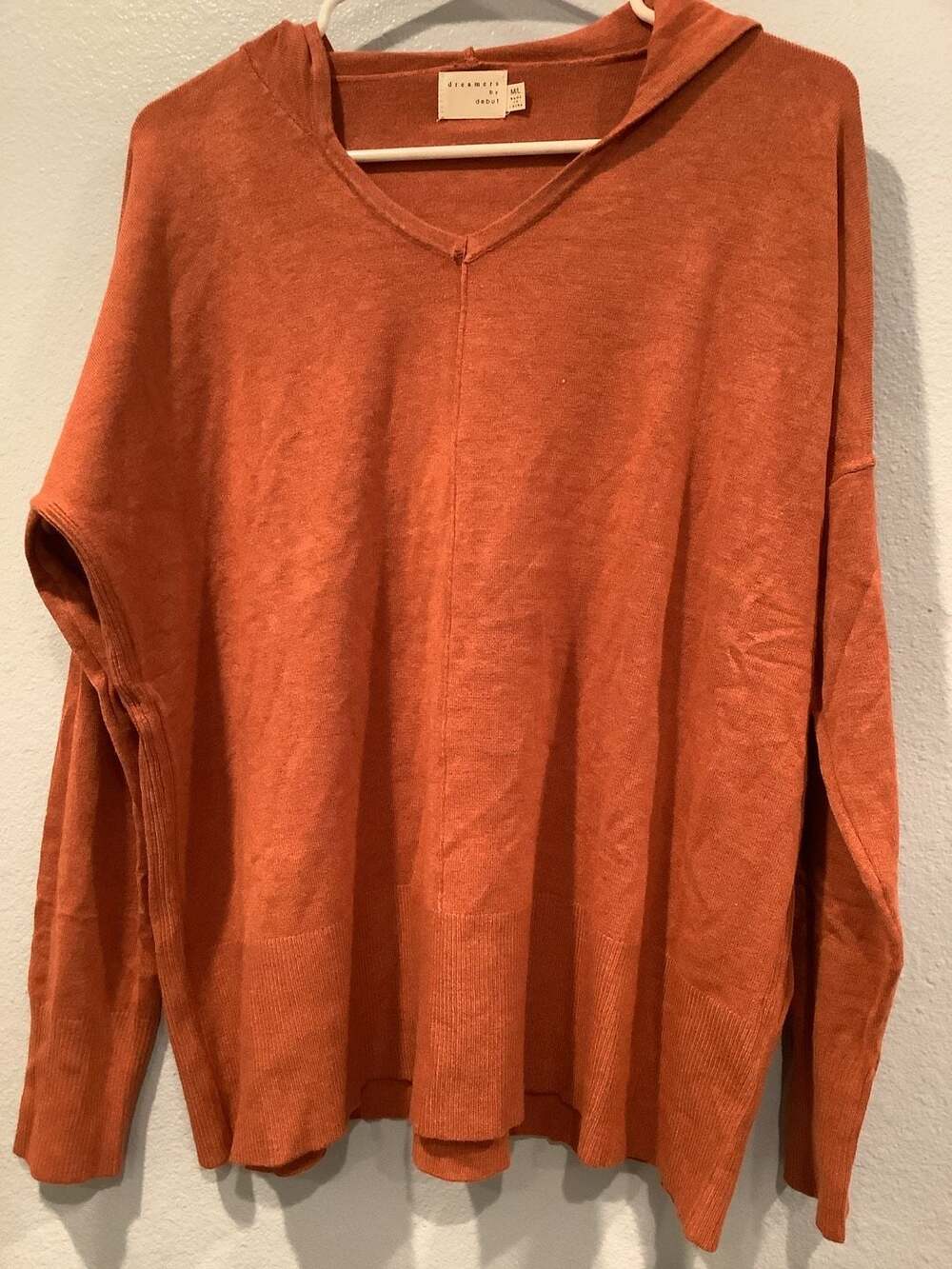 Dreamers by Debut Burnt Orange Hooded V-Neck Sweater Size M/L
